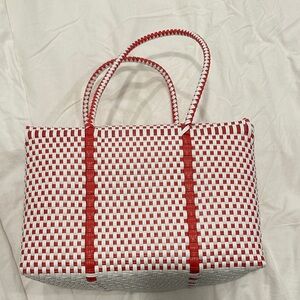 Handmade Red and White Woven Tote Bag